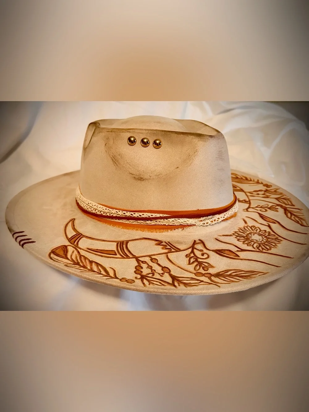 Beige Western Vegan Suede Wide Brim with arrow head crown
